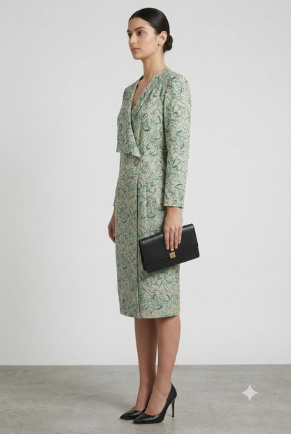 Title: Tailored Botanical Print Wrap-Effect Dress