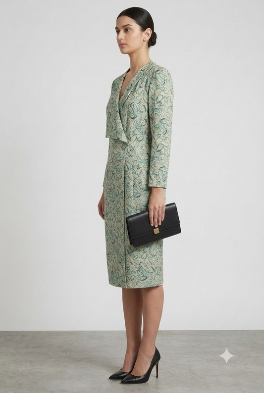 Title: Tailored Botanical Print Wrap-Effect Dress