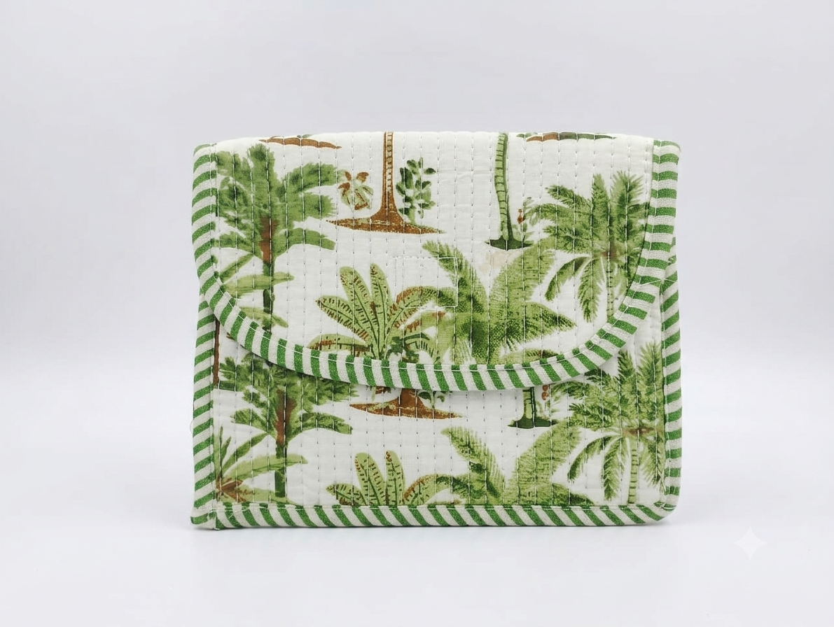 Green Tropical Print Quilted Cotton Hand Purse for Women | Palm Tree Padded Clutch Wallet | Multipurpose Organizer