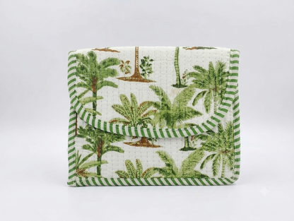 Green Tropical Print Quilted Cotton Hand Purse for Women | Palm Tree Padded Clutch Wallet | Multipurpose Organizer