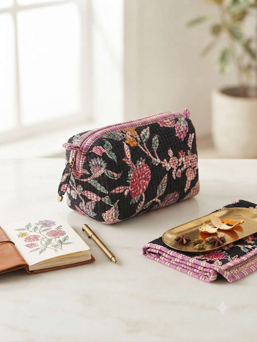 Black Floral Quilted Cotton Toiletry Kit for Women | Travel Makeup & Cosmetic Organizer