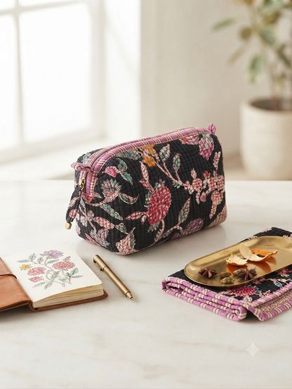Black Floral Quilted Cotton Toiletry Kit for Women | Travel Makeup & Cosmetic Organizer
