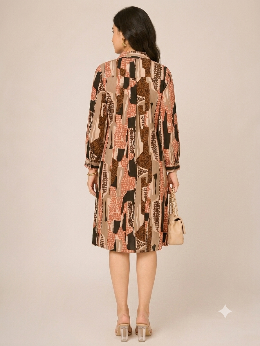 Long-sleeved geometric print shirt dress