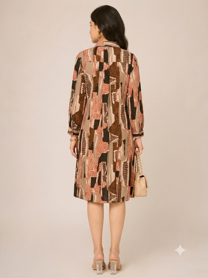 Long-sleeved geometric print shirt dress