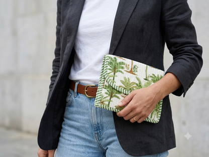 Green Tropical Print Quilted Cotton Hand Purse for Women | Palm Tree Padded Clutch Wallet | Multipurpose Organizer