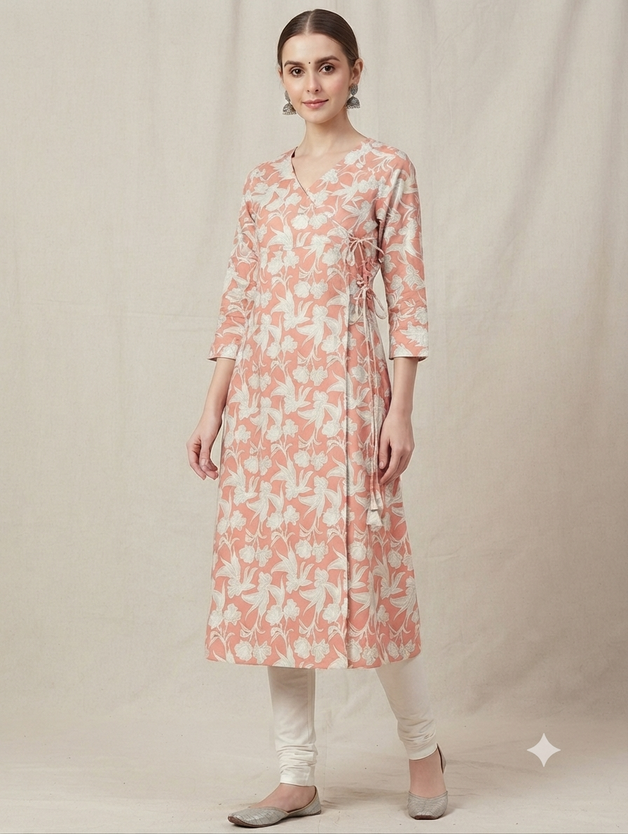 Women's Peach Floral Printed Cotton Angrakha Kurti | Knee Length | Side Knot Tie-Up | V-Neck | 3/4 Sleeves
