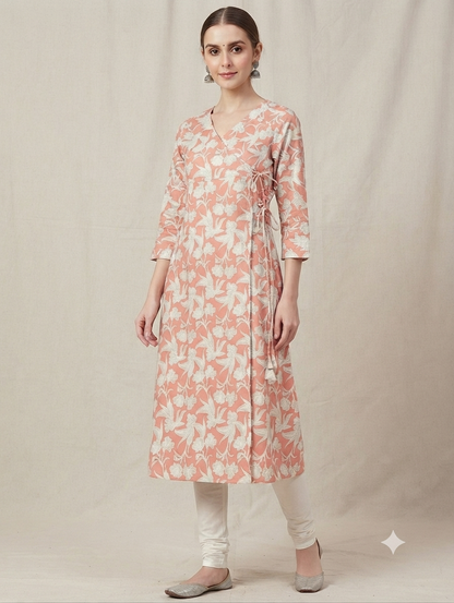 Women's Peach Floral Printed Cotton Angrakha Kurti | Knee Length | Side Knot Tie-Up | V-Neck | 3/4 Sleeves
