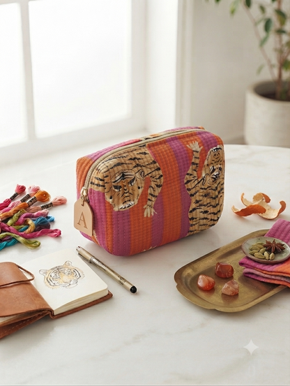 Tiger Print Quilted Cotton Toiletry Kit | Travel Makeup & Toiletry Organizer Pouch with Zip Closure