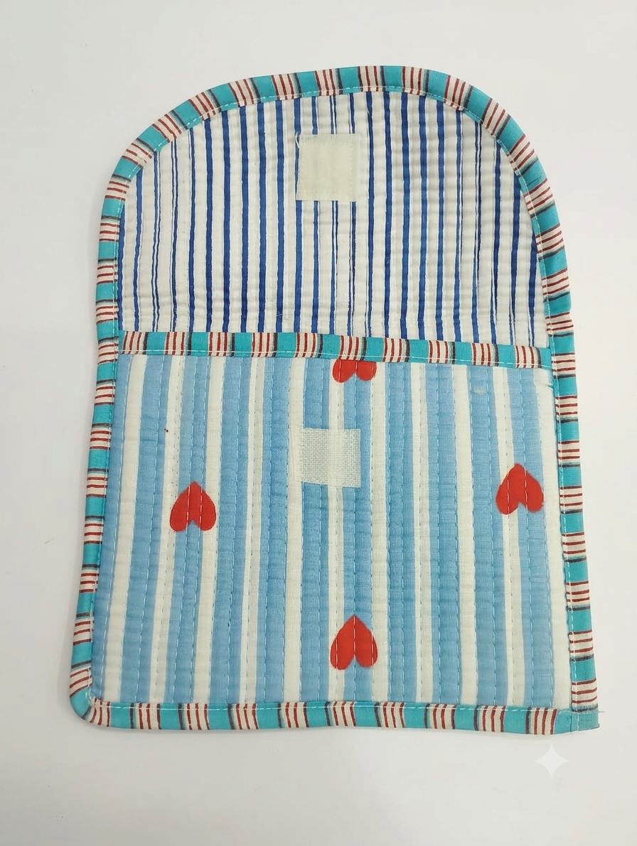 Handcrafted Quilted Cotton Hand Purse | Blue Striped Multipurpose Organizer Pouch with Heart Print | Lightweight Travel & Daily Use Wallet
