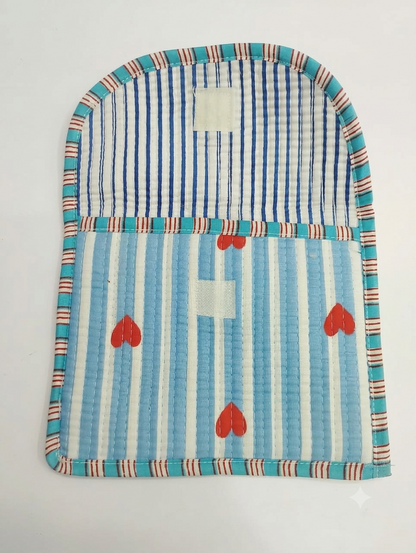 Handcrafted Quilted Cotton Hand Purse | Blue Striped Multipurpose Organizer Pouch with Heart Print | Lightweight Travel & Daily Use Wallet