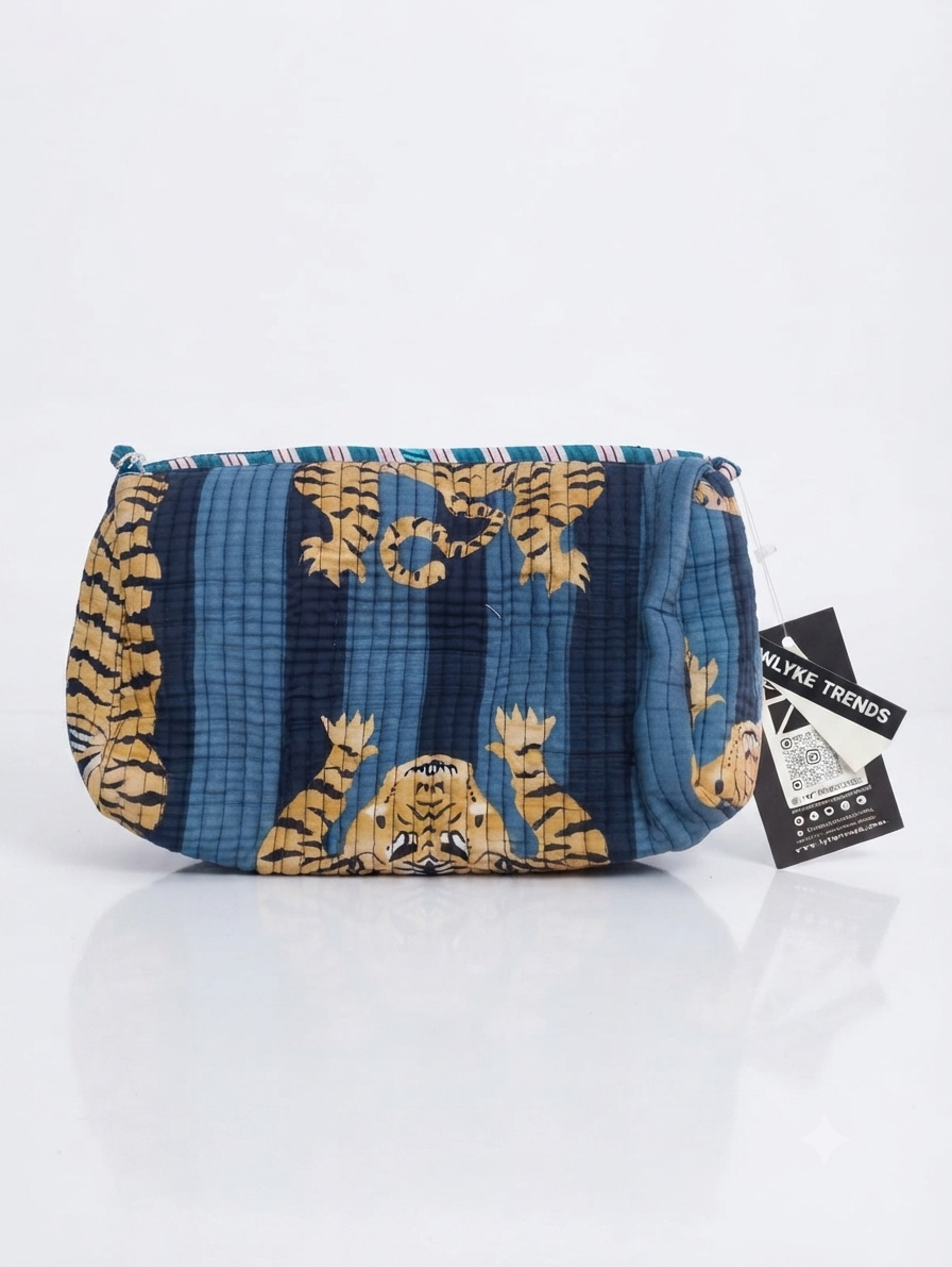 Quilted Cotton Tiger Print Toiletry Kit | Travel Makeup & Cosmetic Organizer Pouch
