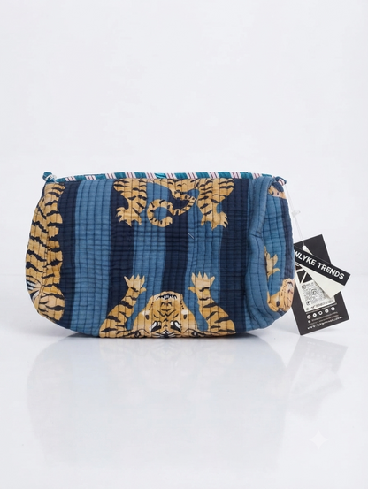 Quilted Cotton Tiger Print Toiletry Kit | Travel Makeup & Cosmetic Organizer Pouch
