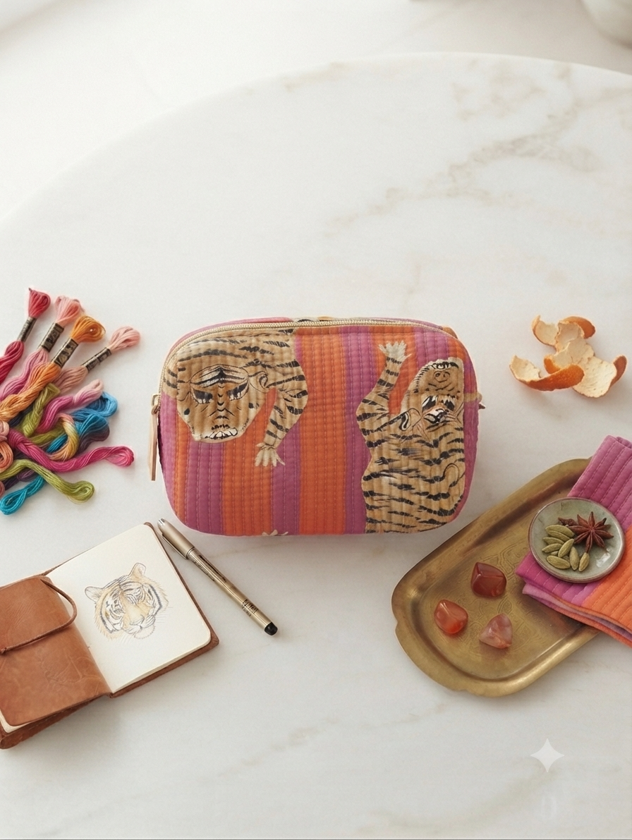 Tiger Print Quilted Cotton Toiletry Kit | Travel Makeup & Toiletry Organizer Pouch with Zip Closure