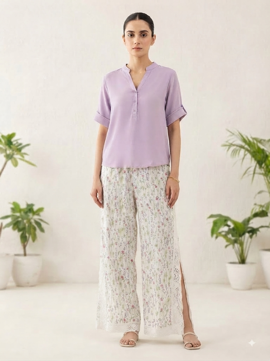 Lavender Purple Shirt with White Floral Palazzo Co-ord Set