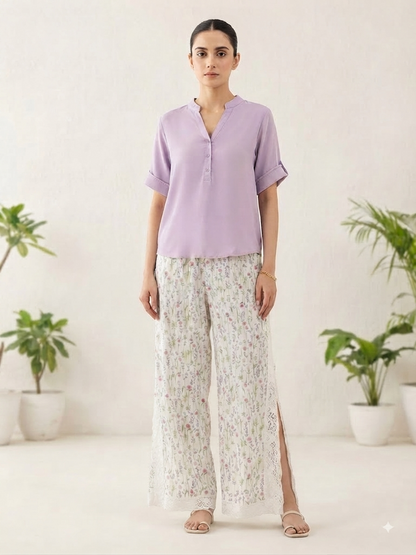 Lavender Purple Shirt with White Floral Palazzo Co-ord Set