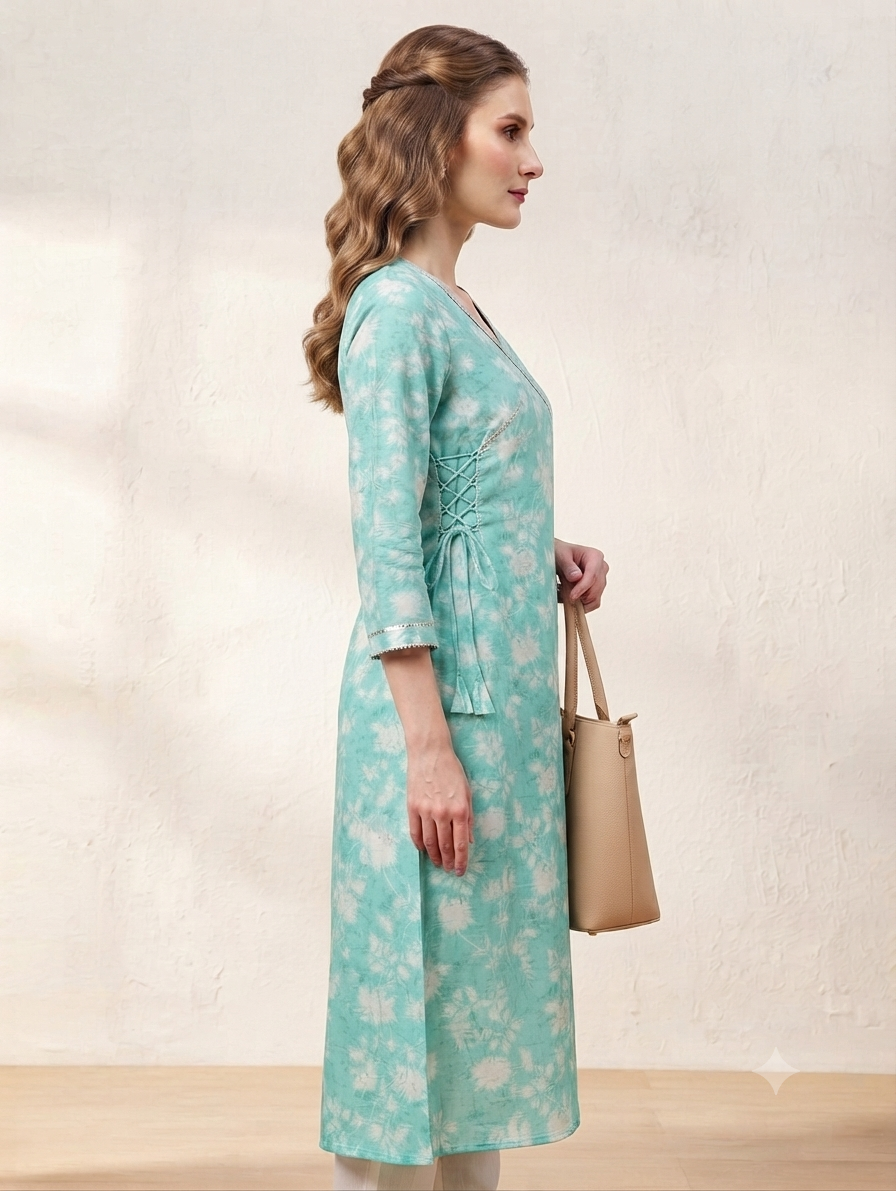 Women's Aqua Blue Floral Printed Cotton Angrakha Kurti | Knee Length | Side Knot Tie-Up | V-Neck | 3/4 Sleeves