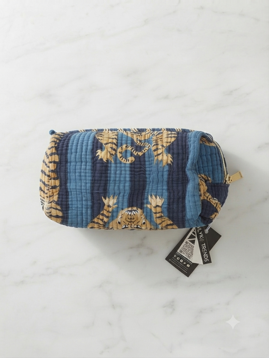 Quilted Cotton Tiger Print Toiletry Kit | Travel Makeup & Cosmetic Organizer Pouch