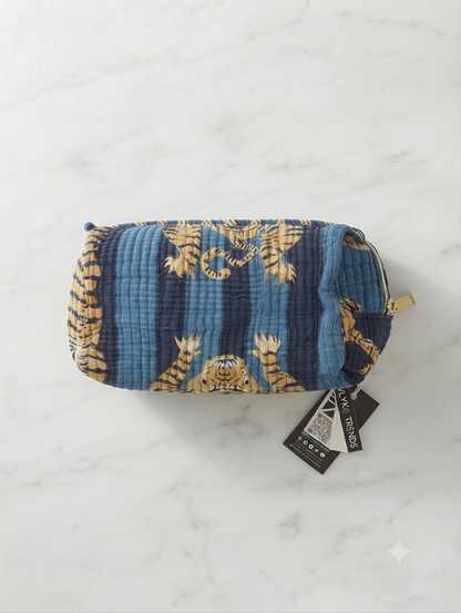 Quilted Cotton Tiger Print Toiletry Kit | Travel Makeup & Cosmetic Organizer Pouch