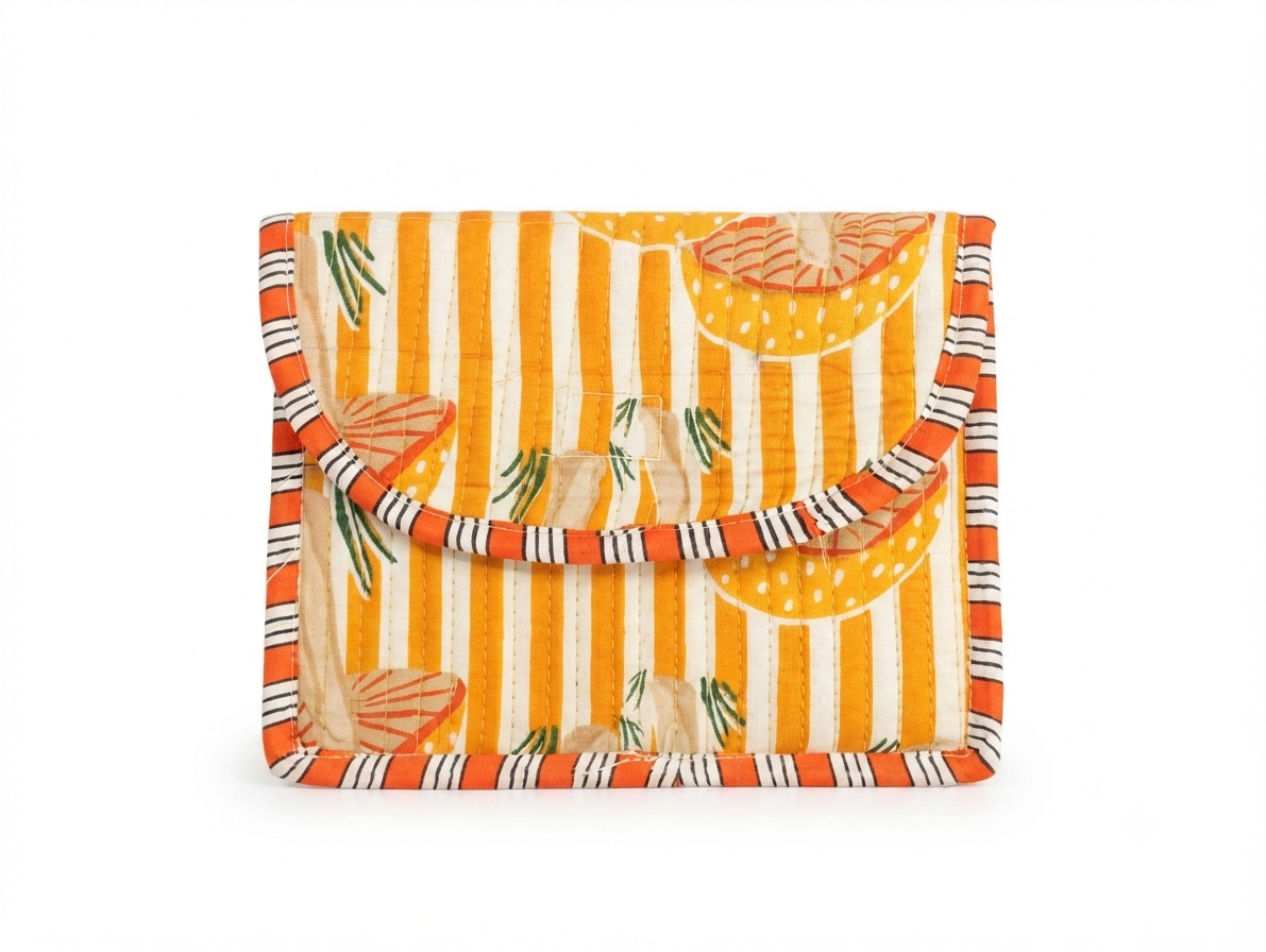 Mustard Striped Quilted Cotton Hand Purse for Women | Floral Print Padded Clutch Wallet | Multipurpose Travel Organizer
