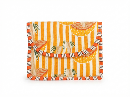 Mustard Striped Quilted Cotton Hand Purse for Women | Floral Print Padded Clutch Wallet | Multipurpose Travel Organizer