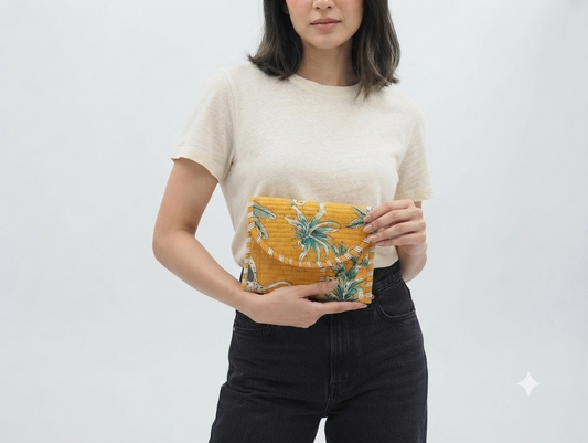 Mustard Tropical Print Quilted Cotton Hand Purse for Women | Padded Floral Clutch Wallet | Multipurpose Organizer
