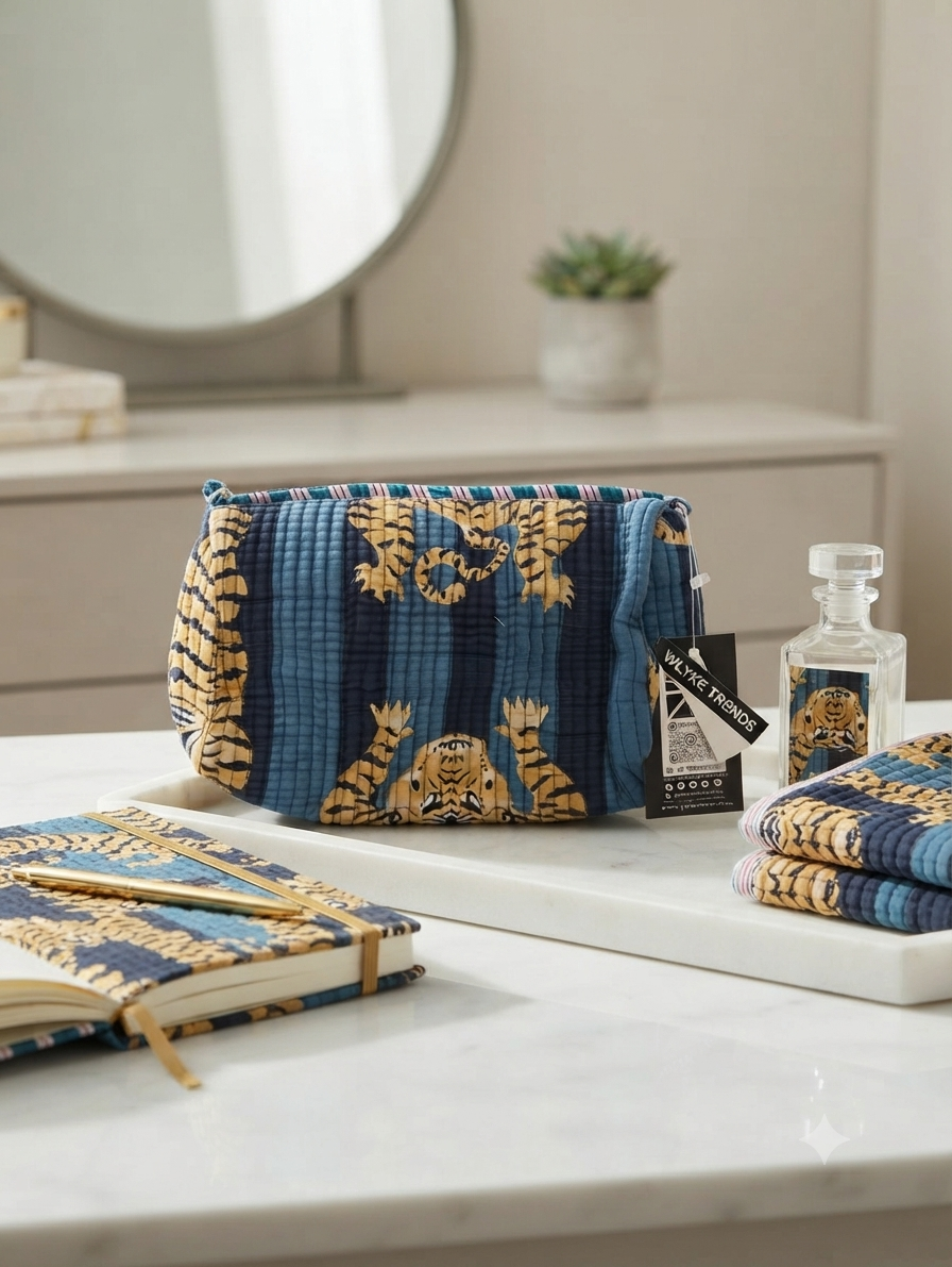 Quilted Cotton Tiger Print Toiletry Kit | Travel Makeup & Cosmetic Organizer Pouch