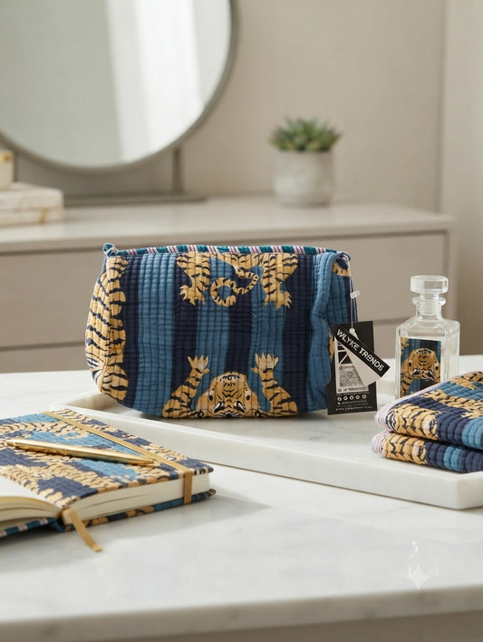 Quilted Cotton Tiger Print Toiletry Kit | Travel Makeup & Cosmetic Organizer Pouch