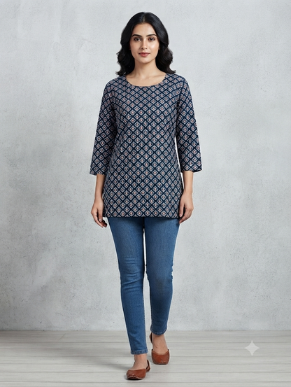 Women's Black Ethnic Printed Cotton Straight Kurti  3/4 Sleeves