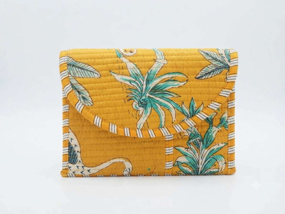 Mustard Tropical Print Quilted Cotton Hand Purse for Women | Padded Floral Clutch Wallet | Multipurpose Organizer
