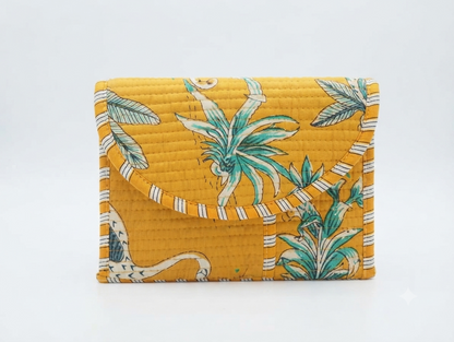 Mustard Tropical Print Quilted Cotton Hand Purse for Women | Padded Floral Clutch Wallet | Multipurpose Organizer