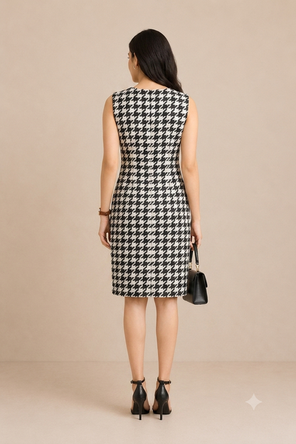 Whimsical Houndstooth & Clock-Print Shift Dress