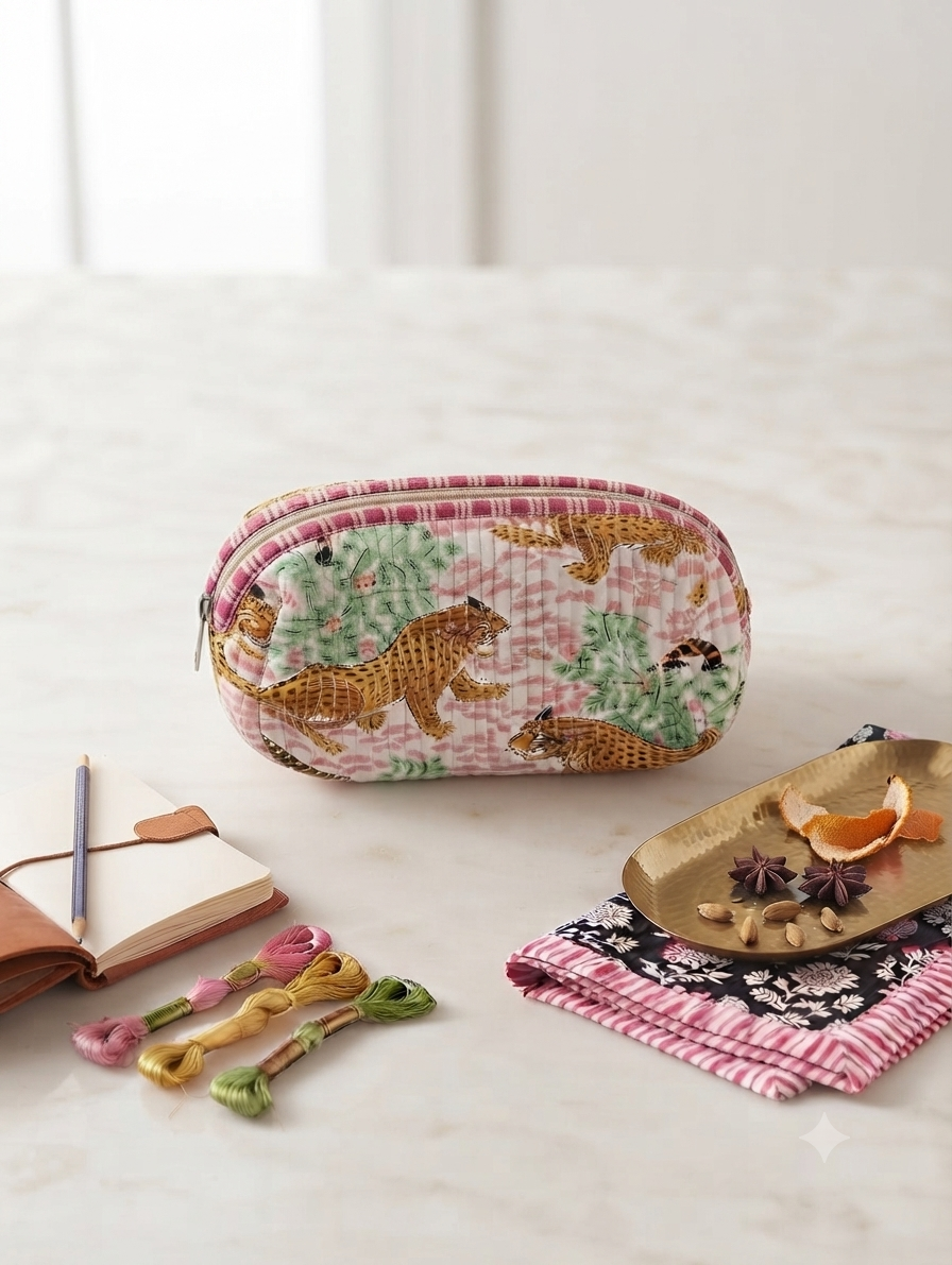 Quilted Cotton Leopard Print Toiletry Kit | Travel Makeup & Cosmetic Organizer Pouch