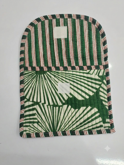 Handcrafted Quilted Cotton Hand Purse | Green Tropical Leaf Print Multipurpose Organizer Pouch | Lightweight Travel & Daily Use