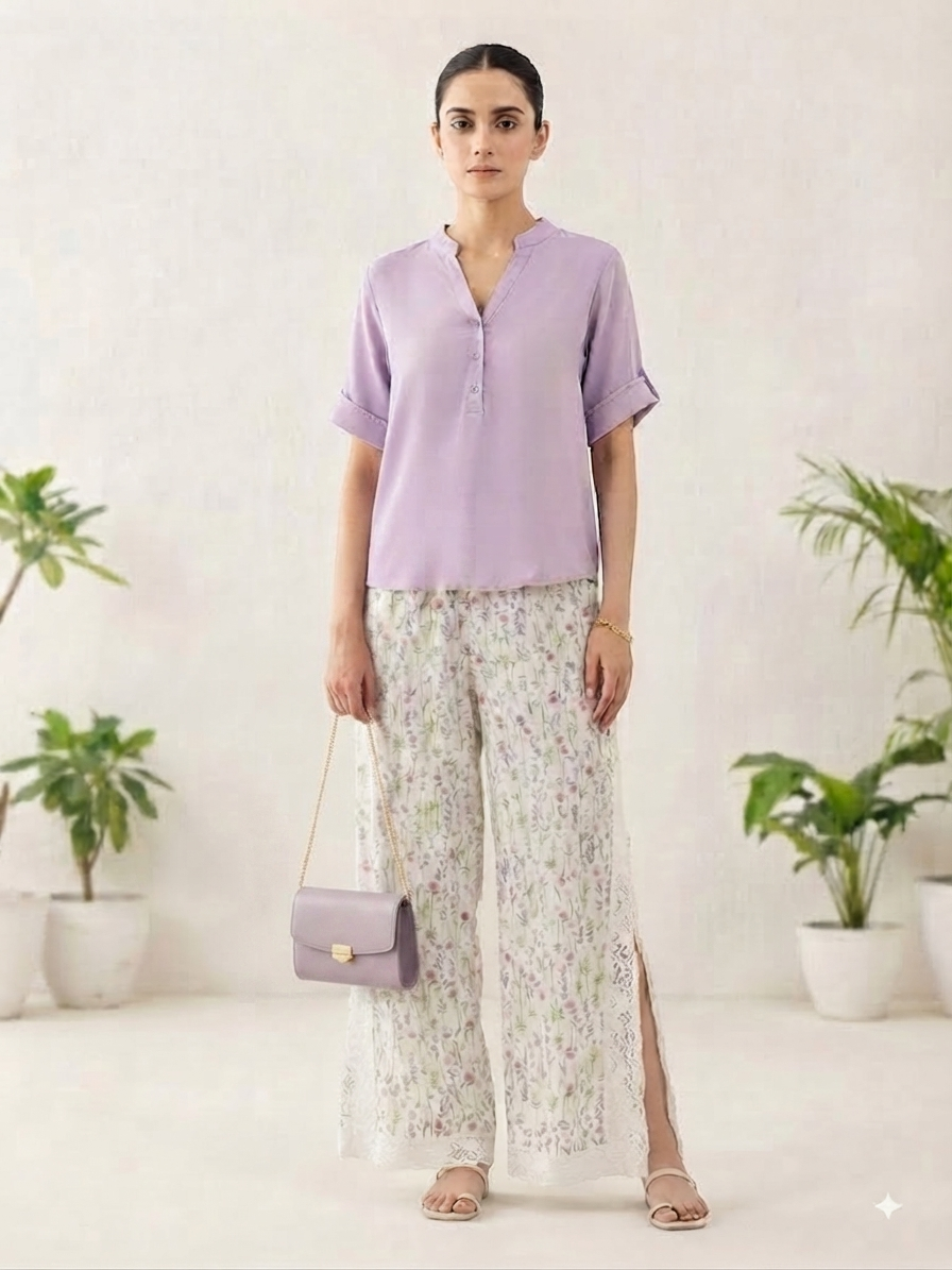 Lavender Purple Shirt with White Floral Palazzo Co-ord Set