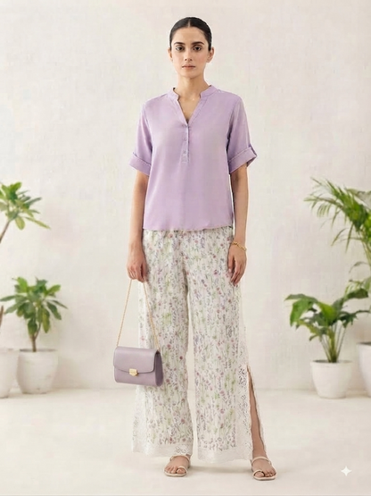Lavender Purple Shirt with White Floral Palazzo Co-ord Set