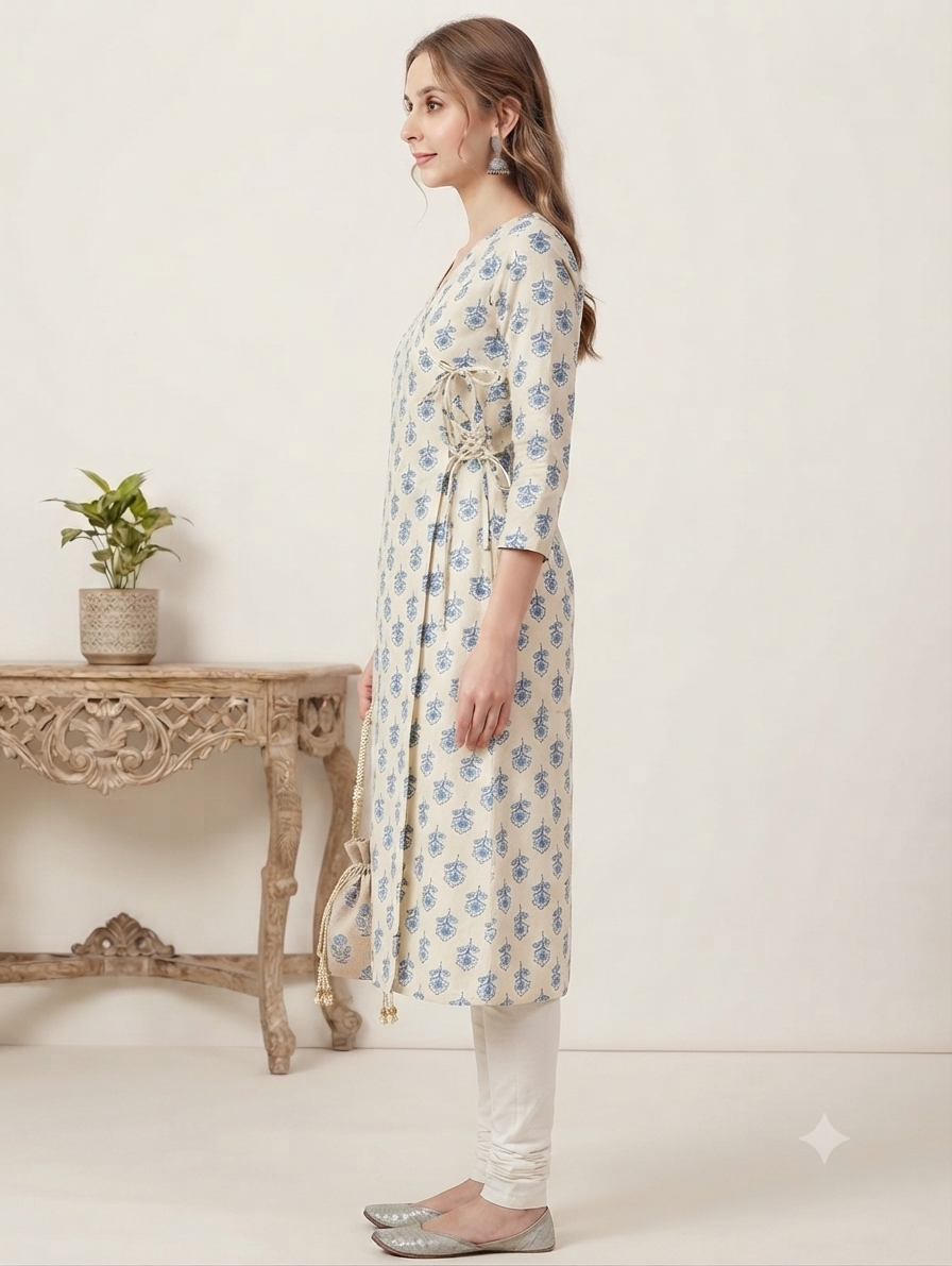 Women's Beige & Blue Printed Cotton Angrakha Kurti | Knee Length | Side Knot Tie-Up | V-Neck | 3/4 Sleeves