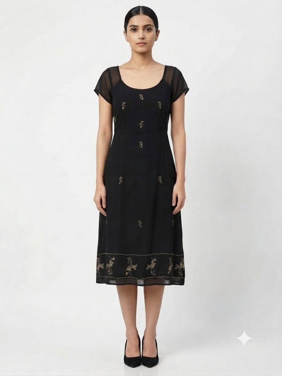 Embroidered Chiffon A-Line Dress