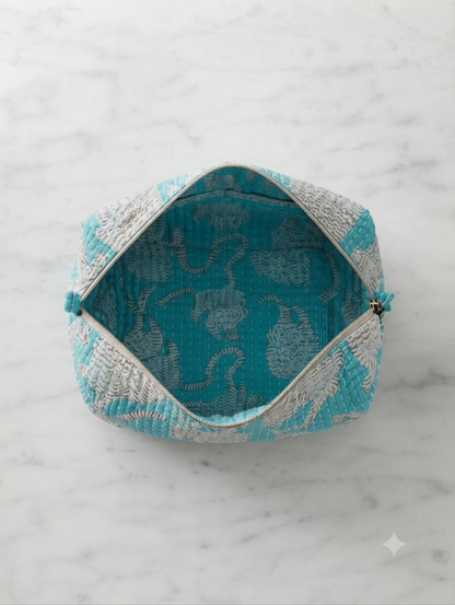 Quilted Cotton Tiger Print Toiletry Kit | Travel Makeup & Cosmetic Organizer Pouch