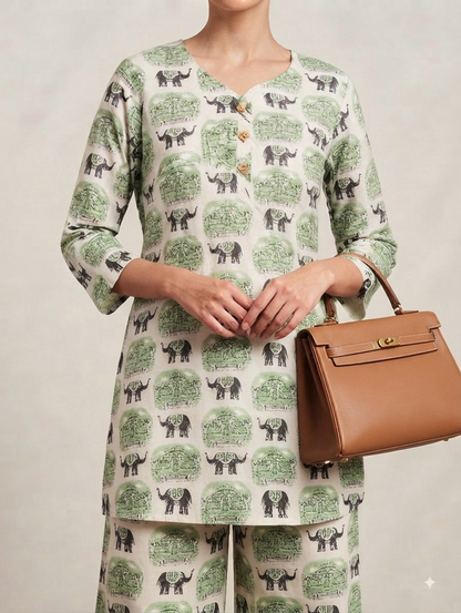 Green & White Elephant Print Kurta with Palazzo Pants Co-ord Set