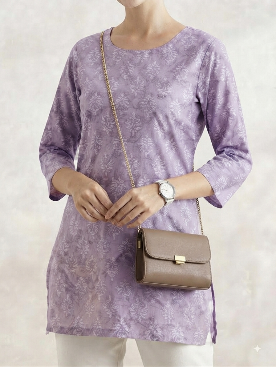 Lavender Printed Short Kurti with White Straight Pants Co-ord Set
