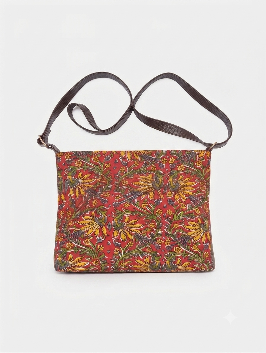 Handcrafted Floral Print Cotton Sling Bag | Maroon Crossbody Shoulder Bag | Lightweight Everyday Travel Purse for Women