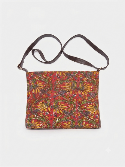 Handcrafted Floral Print Cotton Sling Bag | Maroon Crossbody Shoulder Bag | Lightweight Everyday Travel Purse for Women