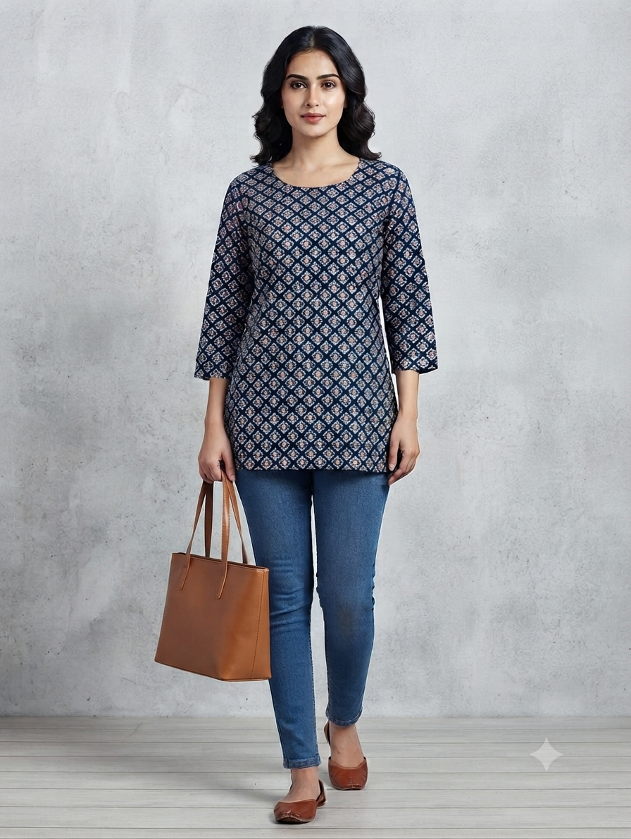 Women's Black Ethnic Printed Cotton Straight Kurti  3/4 Sleeves