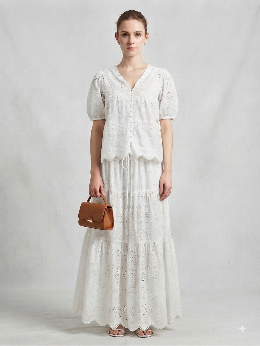 White Schiffli Embroidered Top with Long Tiered Skirt Co-ord Set