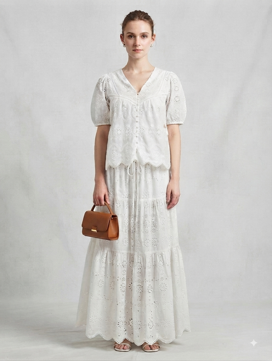 White Schiffli Embroidered Top with Long Tiered Skirt Co-ord Set