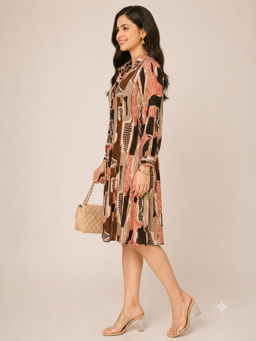 Long-sleeved geometric print shirt dress