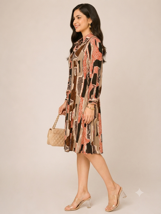 Long-sleeved geometric print shirt dress