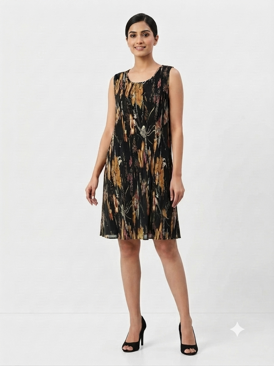 Pleated Abstract Print Shift Dress