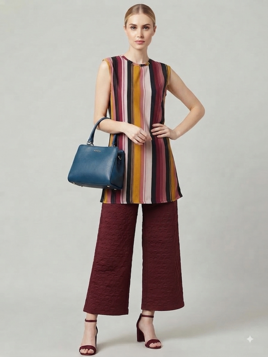 Maroon Multi-Colour Striped Top with Textured Wide-Leg Pants Co-ord Set
