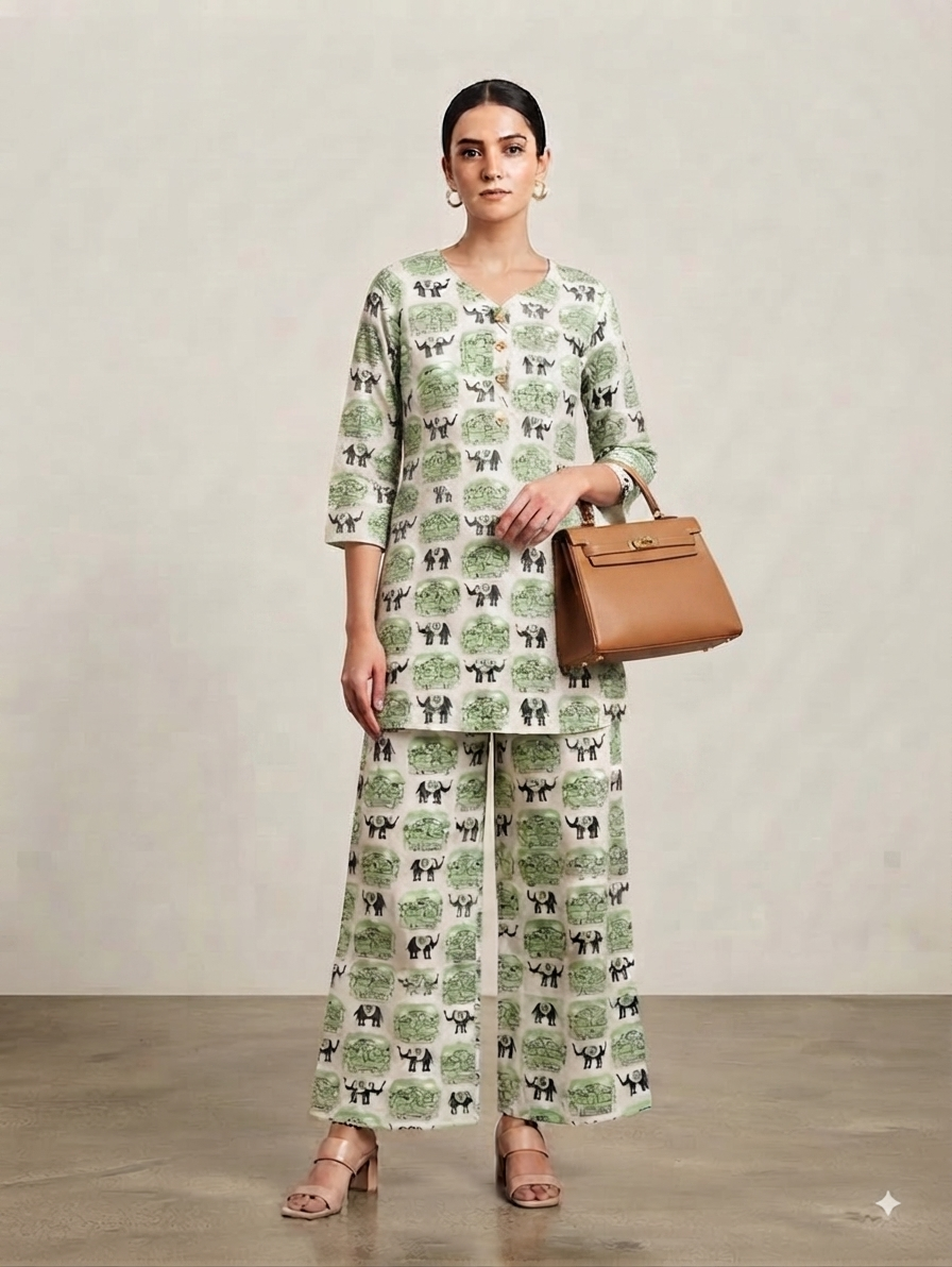 Green & White Elephant Print Kurta with Palazzo Pants Co-ord Set